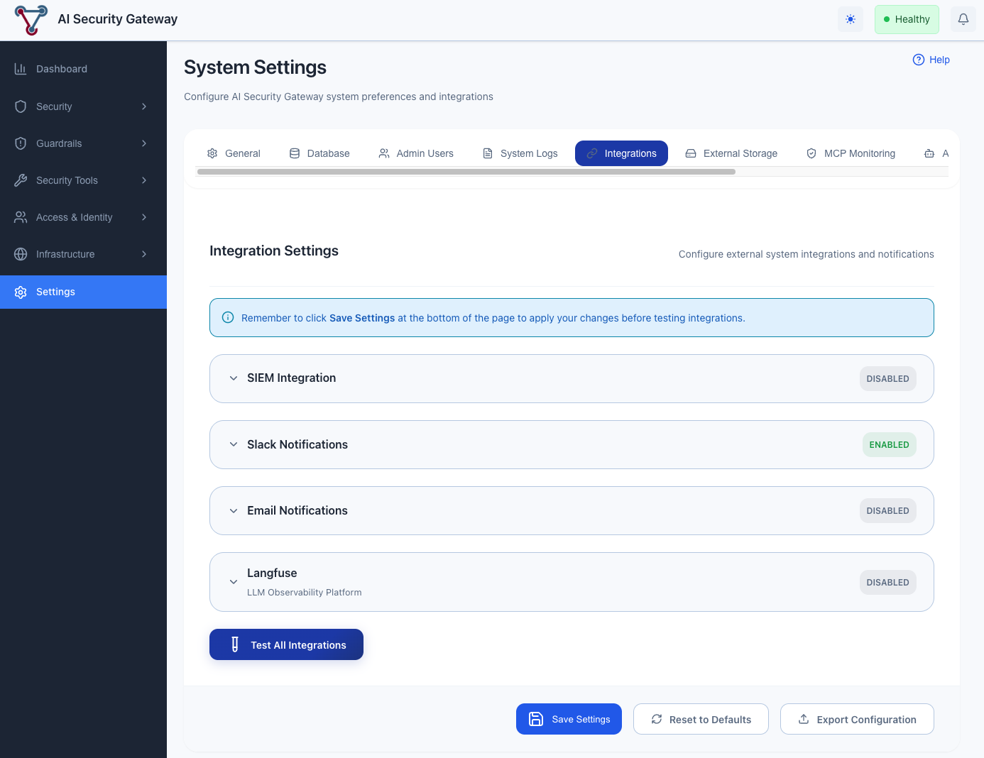 Integration Settings Interface