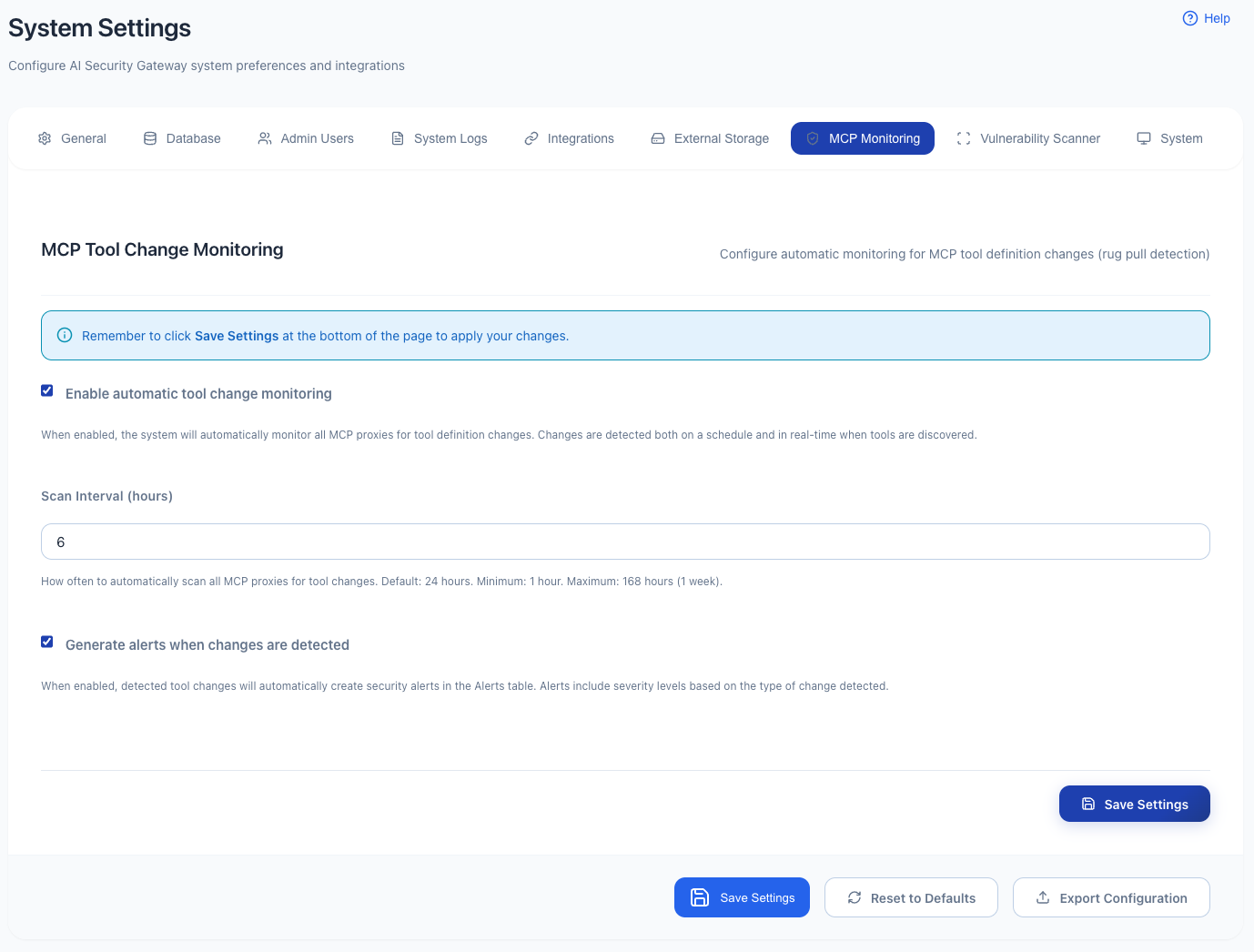 MCP Monitoring Settings
